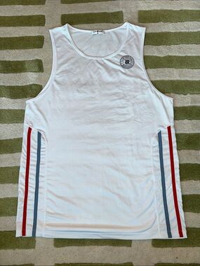 Cliff and Road White Mesh Tank with Red & Gray Side Stripes
